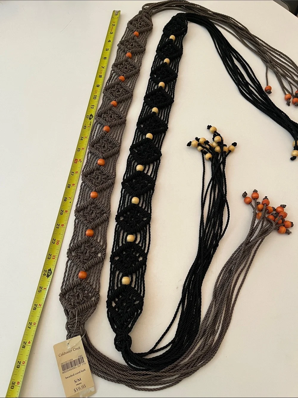 2 Macrame Beaded Belts, size S/M by Coldwater Creek, black and brown